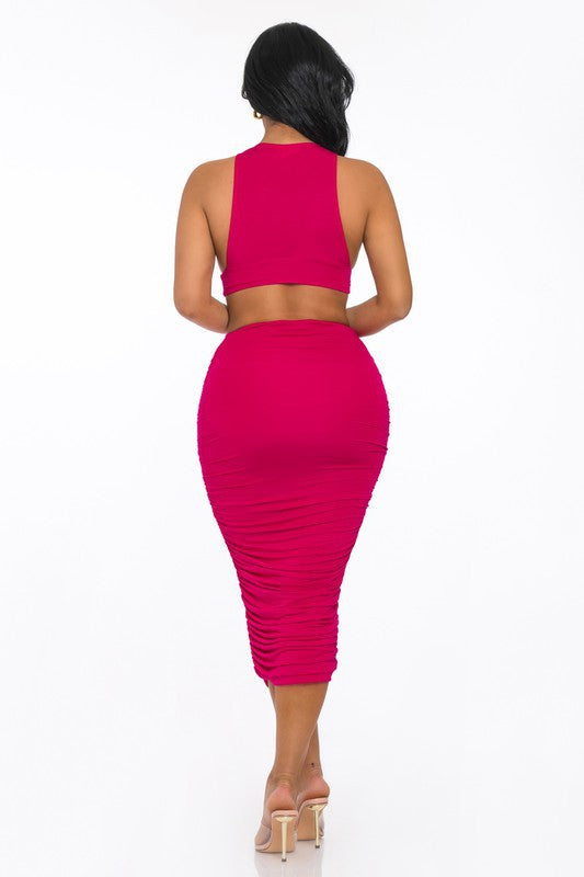 Side cut crop top and sharing midi skirt set