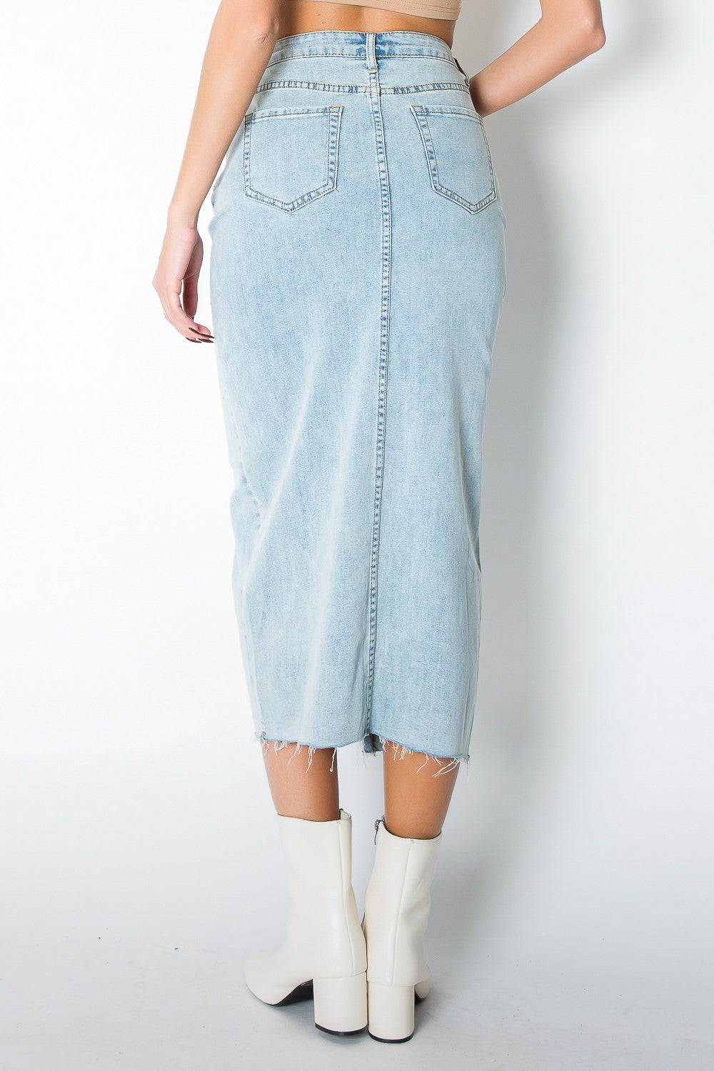 Light wash stretch denim rhinestone midi skirt