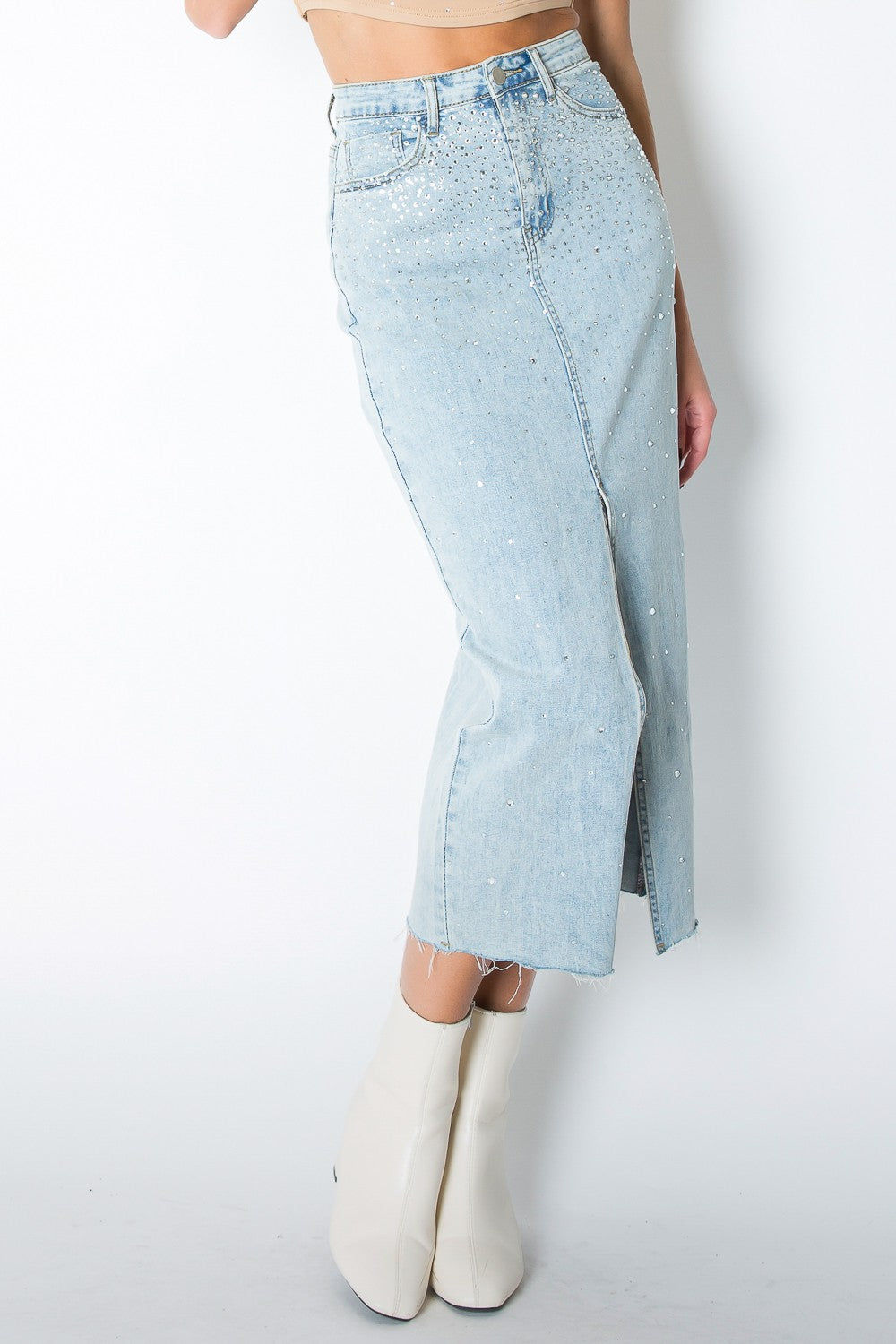 Light wash stretch denim rhinestone midi skirt