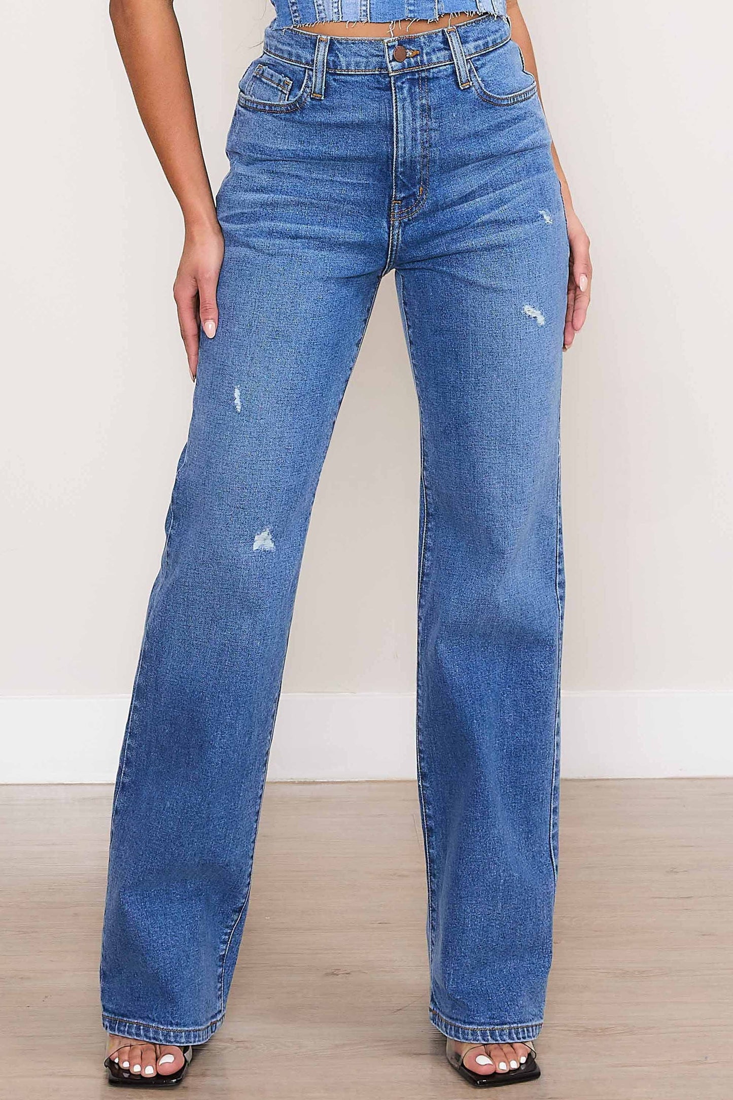 High Rise Subtle Distressed Wide Jeans