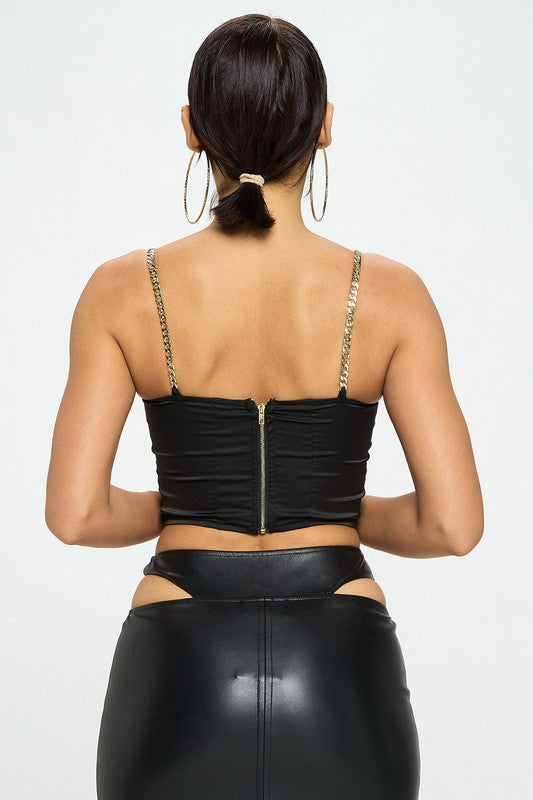 Satin Bustier Crop Top With Gold Chain Shoulder