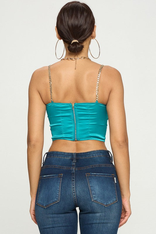 Satin Bustier Crop Top With Gold Chain Shoulder