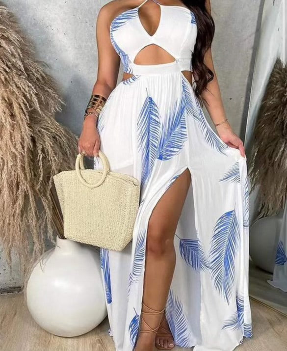 Leaf print cutout high slit dress