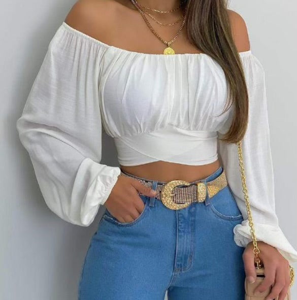 Print off shoulder sleeve crop top