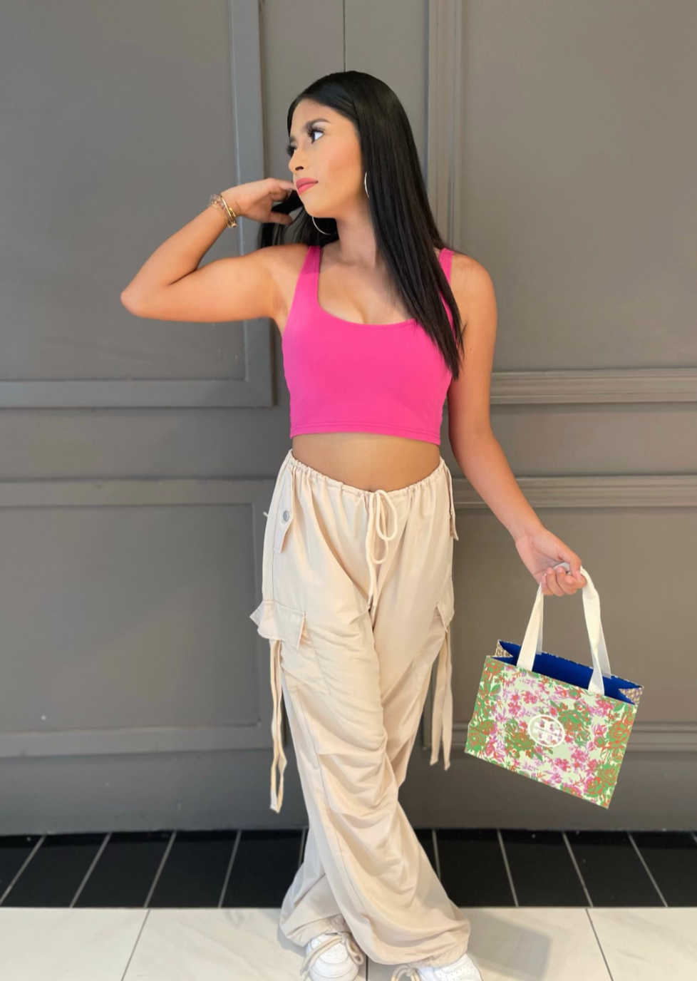 Cargo Pants With Waist Tie And Side Pockets Hanging Strap