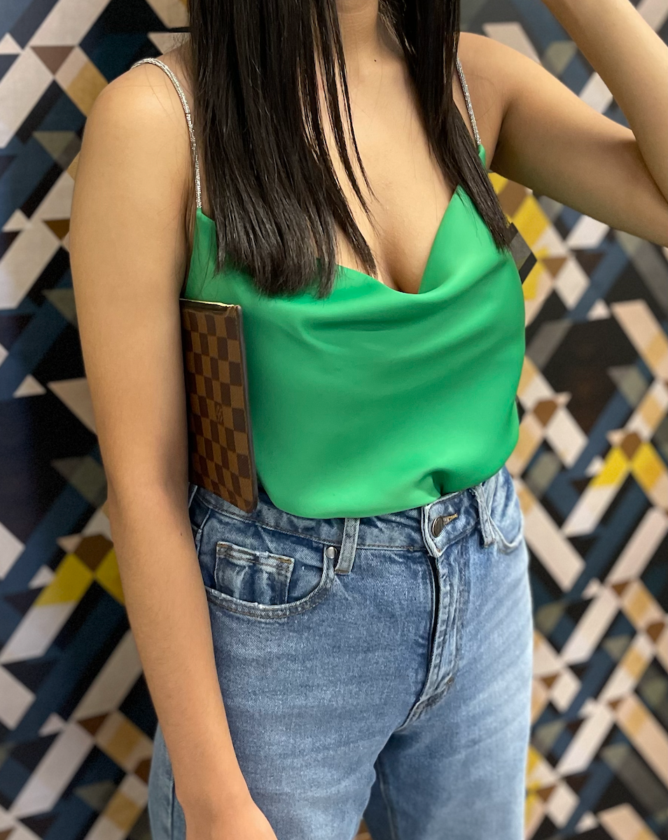 Satin Cami w/ Onside Jewel Shoulder Strap