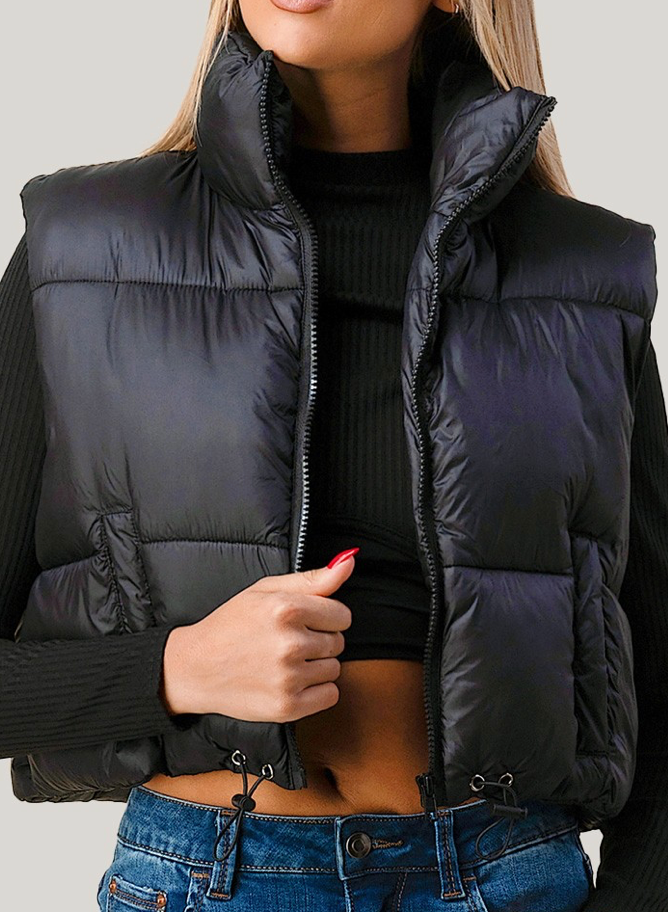 ZIP UP MOCK NECK CROP VEST QUILTED PUFFER JACKET