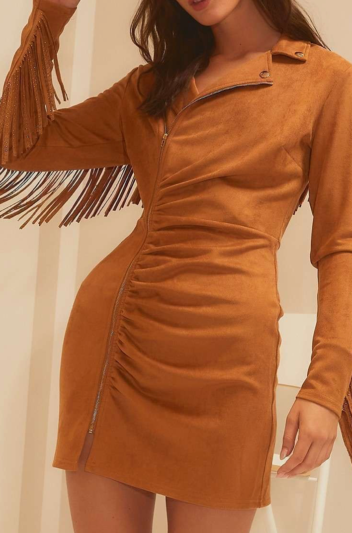 Western Stud Fringe Suede Baker Mini Dress