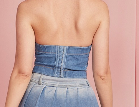 Rhinestone/beaded denim bustier crop top