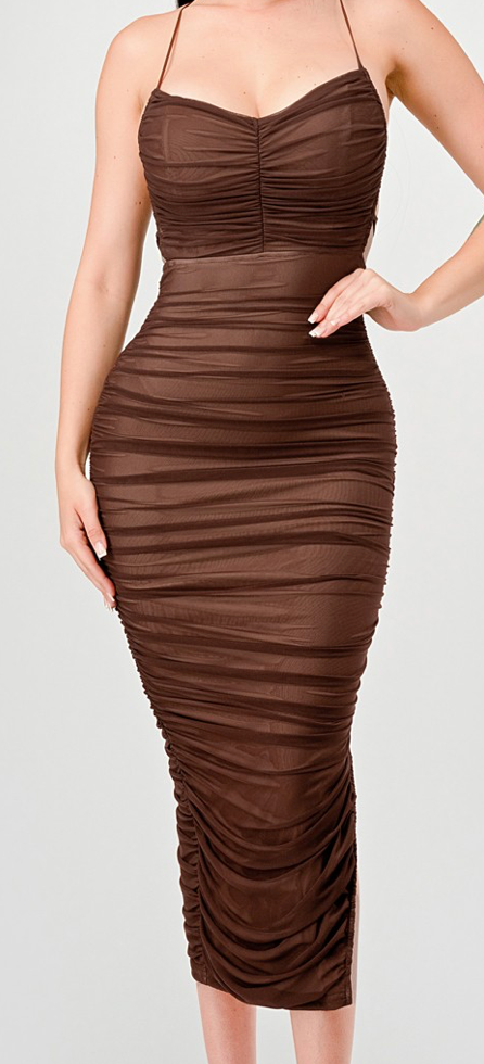 MESH DRAWSTRING LACE UP BACK RUCHED MAXI DRESS