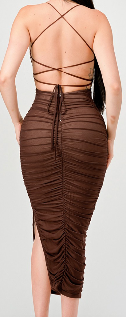 MESH DRAWSTRING LACE UP BACK RUCHED MAXI DRESS