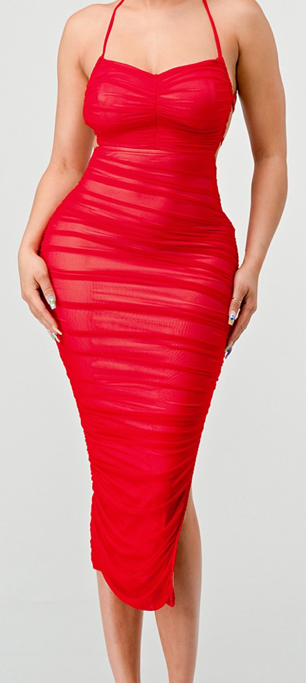 MESH DRAWSTRING LACE UP BACK RUCHED MAXI DRESS