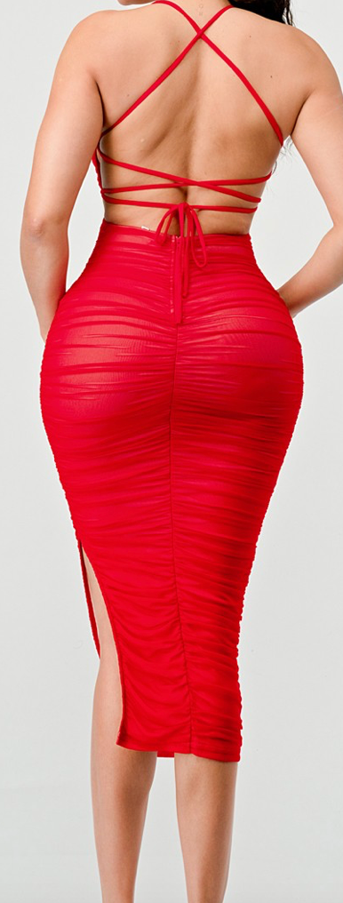 MESH DRAWSTRING LACE UP BACK RUCHED MAXI DRESS