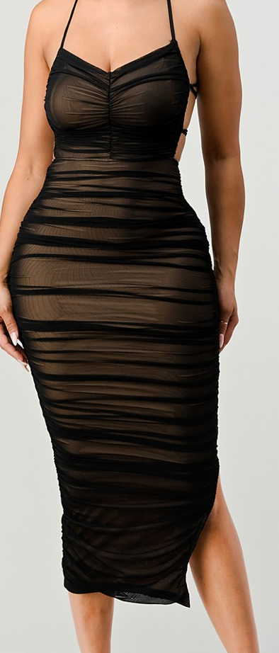MESH DRAWSTRING LACE UP BACK RUCHED MAXI DRESS