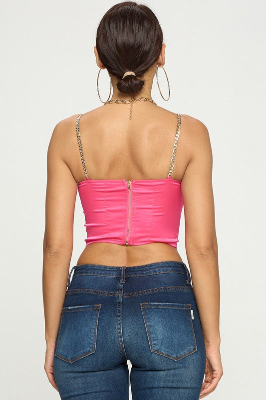 Satin Bustier Crop Top With Gold Chain Shoulder