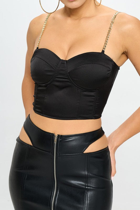 Satin Bustier Crop Top With Gold Chain Shoulder